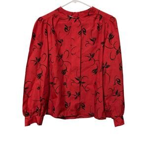 Vintage Secretary Top Womens 12 Office Feminine Puff Sleeves 80s Red & Black